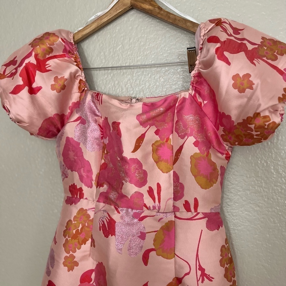 So Stunning Orange Multi Floral Jacquard Puff Sleeve Mini Dress - Picture 10 of 13